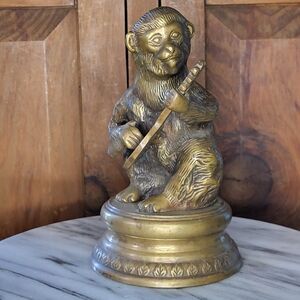 Brass Monkey Playing Mandolin Sculpture